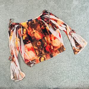 insane vintage antique painting y2k scoop neck slouchy silky blouse crop coquett